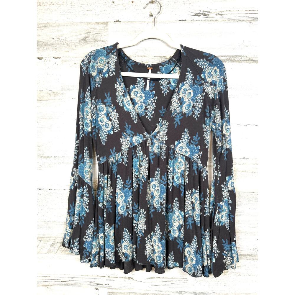 Free People Womens S Gray Blue Floral Speak Easy Bell Sleeve Boho Top Blouse